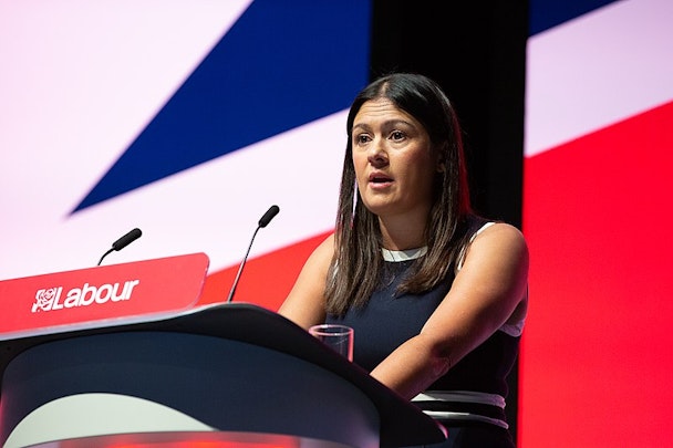 Lisa Nandy stadning before a Union Jack at a Labour event Lisa Nandy stadning before a Union Jack at a Labour event