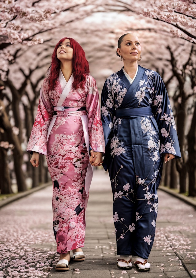 Two people walking through cherry blossom trees in Japan Two people walking through cherry blossom trees in Japan