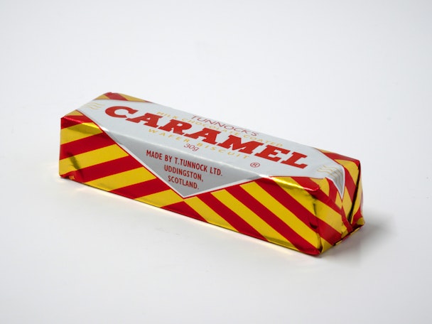 A Tunnock's Caramel Wafer bar against a white background A Tunnock's Caramel Wafer bar against a white background
