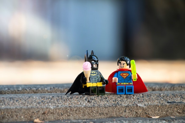Lego Batman and Superman, enjoying Lego icecreams Lego Batman and Superman, enjoying Lego icecreams