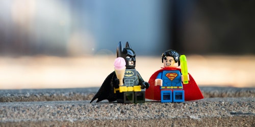 Lego Batman and Superman, enjoying Lego icecreams Lego Batman and Superman, enjoying Lego icecreams