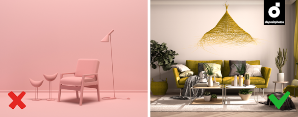 Two images, a 'wrong' and a 'right'. The wrong image is a pink chair and lamp. The right image is a living room.