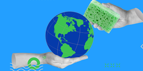 Clean planet collage with Earth and hands with sponge Clean planet collage with Earth and hands with sponge