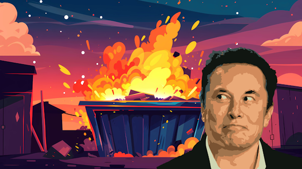 Illustration of Elon Musk next to explosion Illustration of Elon Musk next to explosion