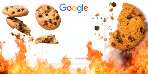 Cookies crumbling into flames against Google Chrome search background Cookies crumbling into flames against Google Chrome search background