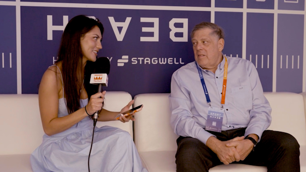 The Drum's Kendra Barnett sits on a couch interviewing Stagwell CEO Mark Penn The Drum's Kendra Barnett sits on a couch interviewing Stagwell CEO Mark Penn