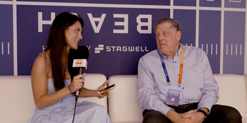 The Drum's Kendra Barnett sits on a couch interviewing Stagwell CEO Mark Penn The Drum's Kendra Barnett sits on a couch interviewing Stagwell CEO Mark Penn
