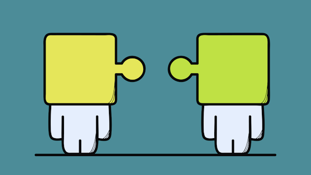 Illustration of figures with puzzle piece heads Illustration of figures with puzzle piece heads