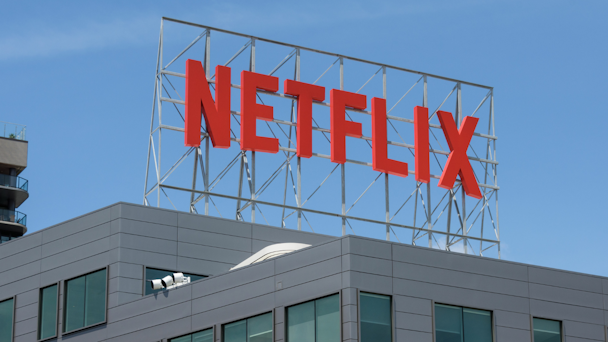 Netflix logo atop building Netflix logo atop building