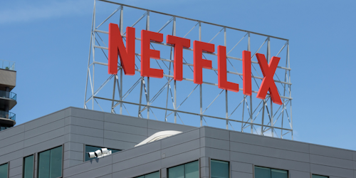 Netflix logo atop building Netflix logo atop building