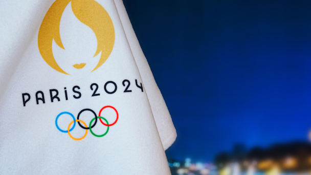 Paris 2024 logo on white flag Paris 2024 logo on white flag