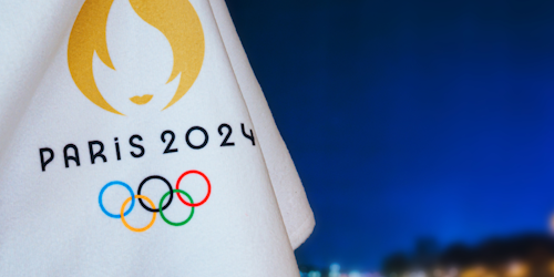 Paris 2024 logo on white flag Paris 2024 logo on white flag