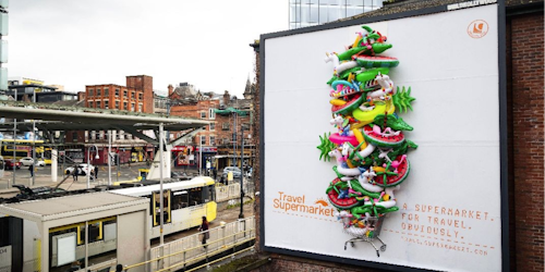 Billboard filled with inflatable pool toys in a shopping trolley Billboard filled with inflatable pool toys in a shopping trolley